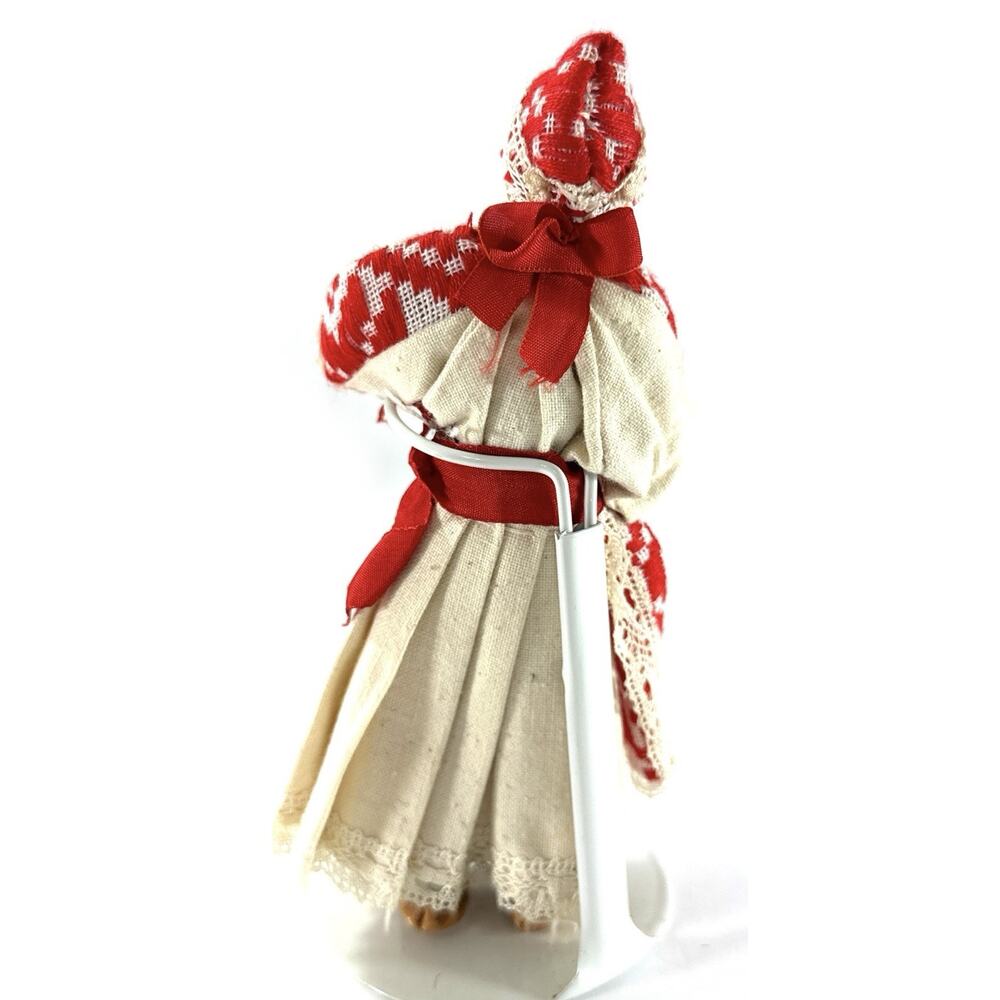 Vintage 7” European Folk Doll Red White Costume Lace Bonnet w/ Stand - Picture 5 of 8
